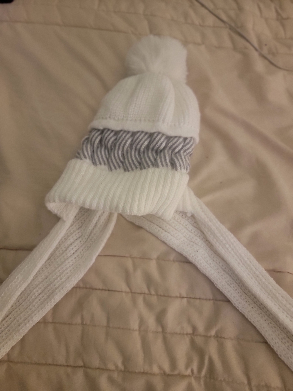 White Pom Pom Knit Hat with Gray Stripe